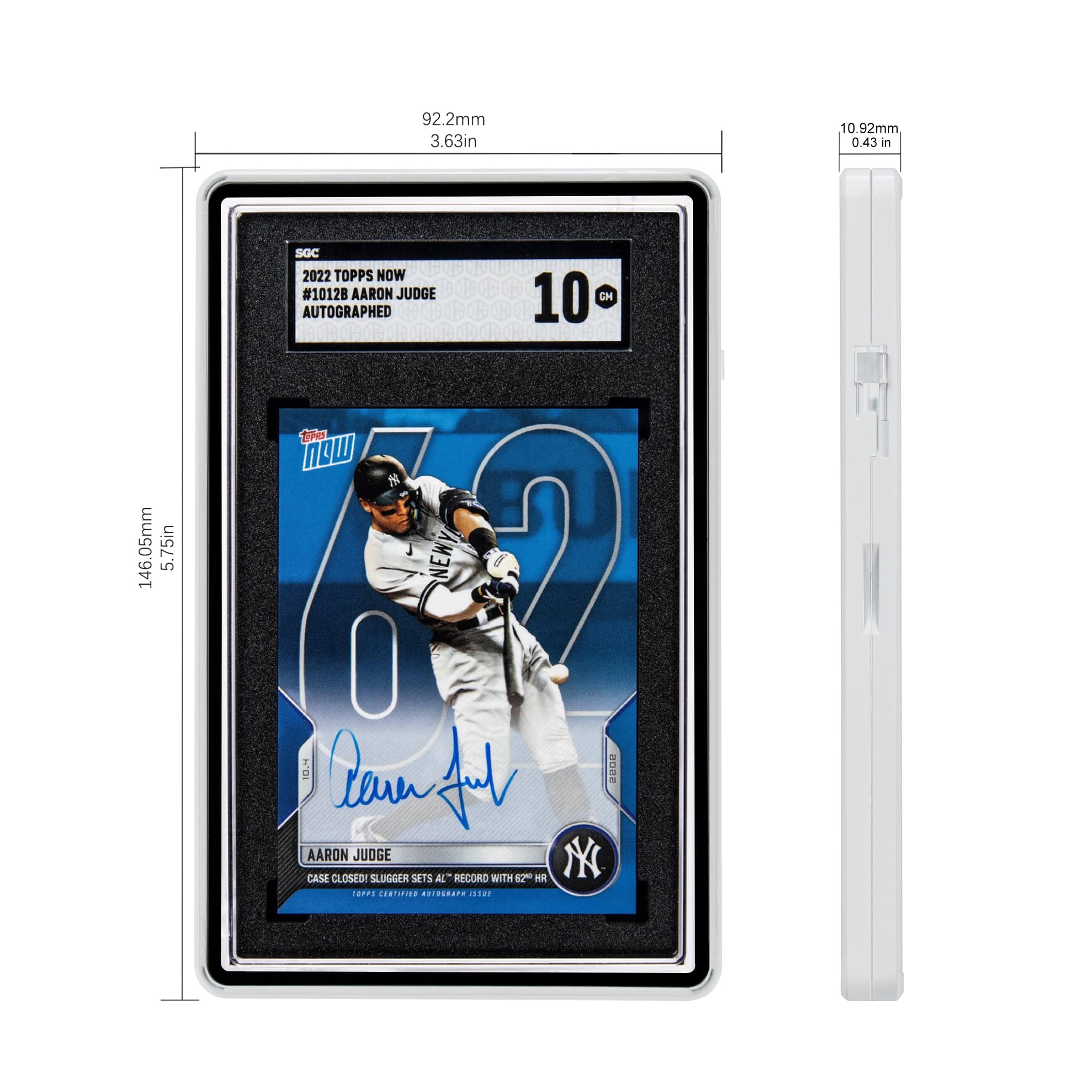 Baseball trading card of Aaron Judge in a Matte White Standard SGC Slabmags Case  with dimensions shown