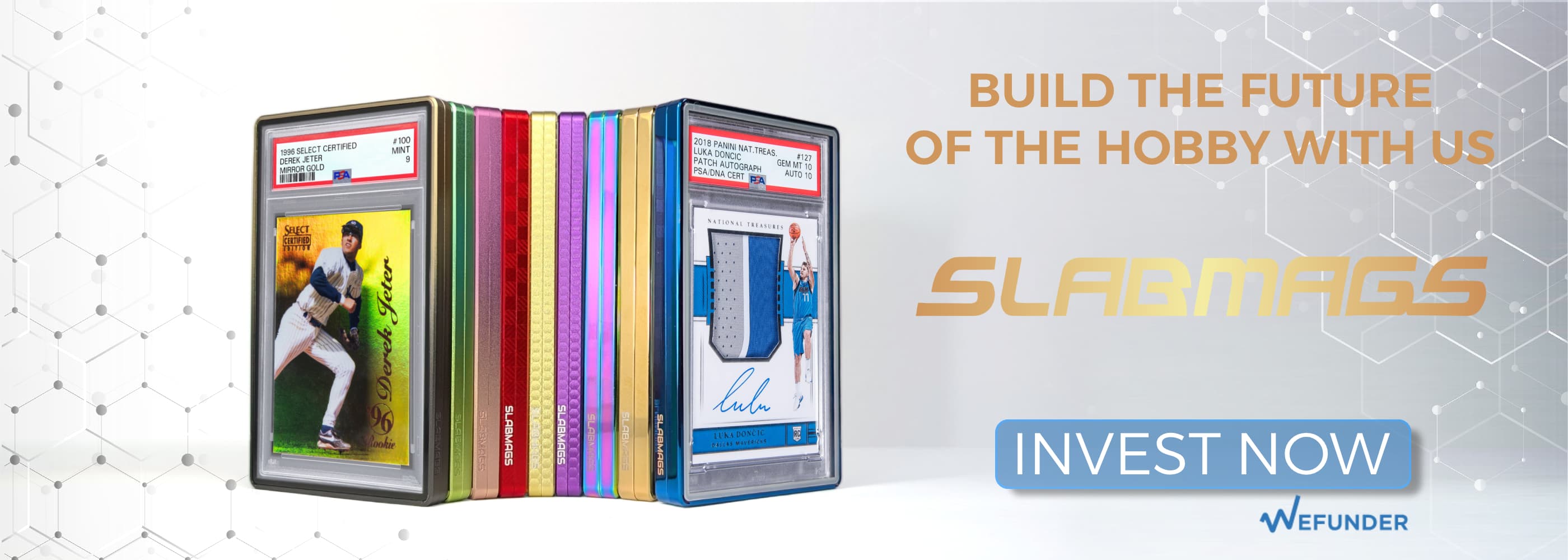 Promotional banner for a product with colorful cases and text encouraging investment.